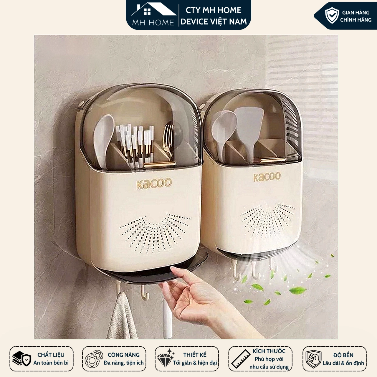 Ống Đũa Treo Tường Màu Kem Có Nắp Đậy Chống Bụi - Hộp Đựng Đũa Muỗng MH Home